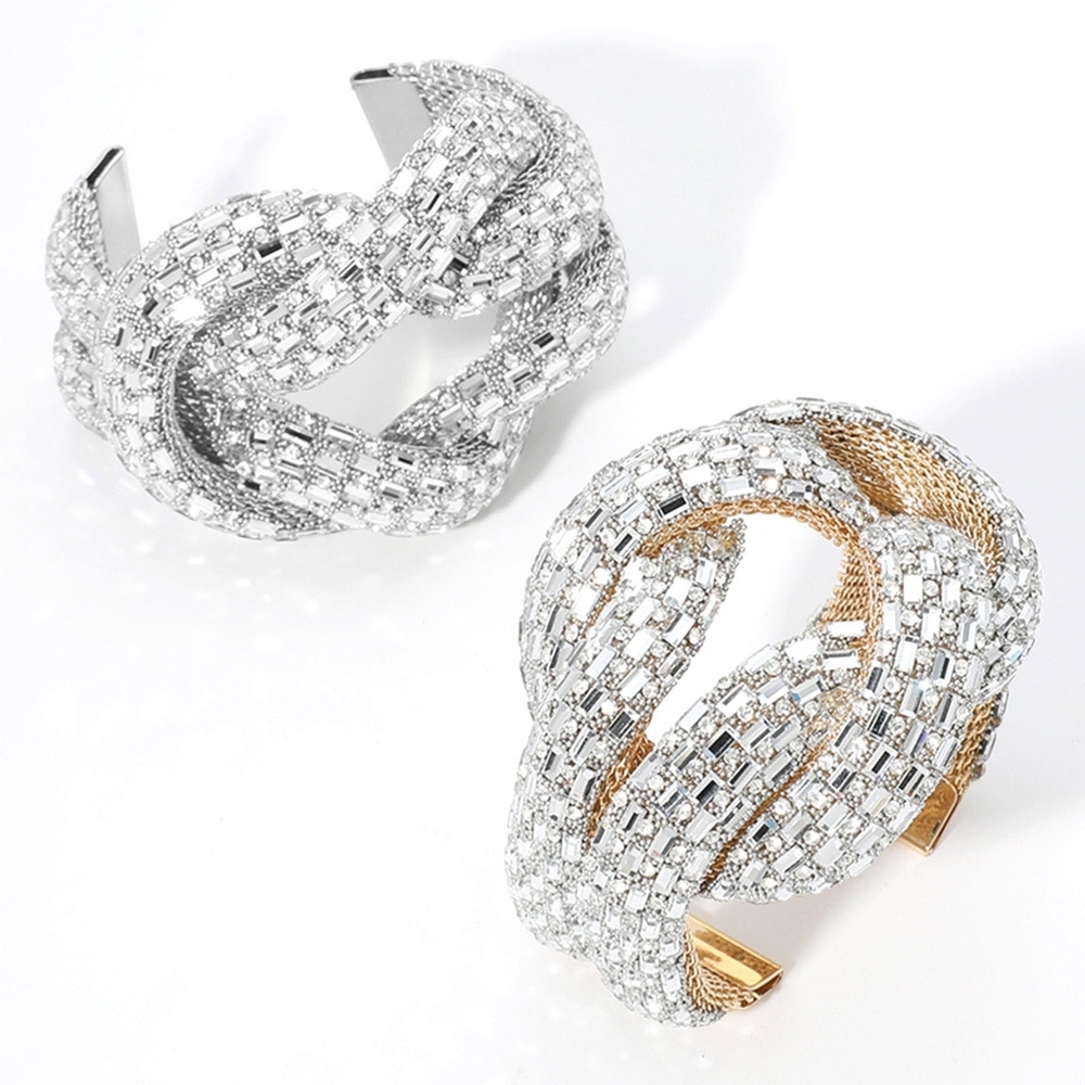 Gold Wide Crystal Emerald Cut Stone Knot Statement Bling Chunky Cuff Bracelet - Picture 3 of 4